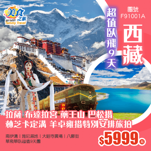 青藏鐵路【西藏】暢遊世界文化遺產·布達拉宮、巴松措-林芝卡定溝、雅尼國家濕地公園、三大聖湖之一·羊卓雍措旅拍、藏民家訪、醫生隨團 拉薩安排供氧酒店、臥飛9日（美食之旅 旅行團）